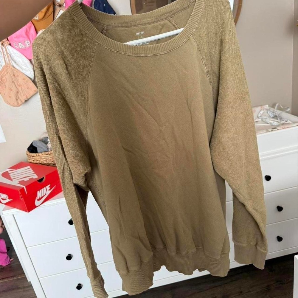 Aerie Inside Out Sleeve Crew Sweatshirt Sand Size Large